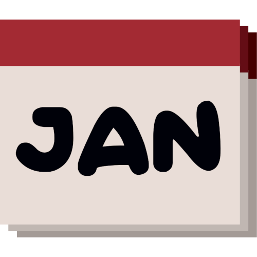 A simple, stylized representation of a calendar page. The main section of the calendar is a light gray square with the letters 'Jan' printed in large, bold, black font, indicating the month of January. Above this, there is a horizontal maroon header. Behind the front page, there are two additional pages slightly offset to the right and down.